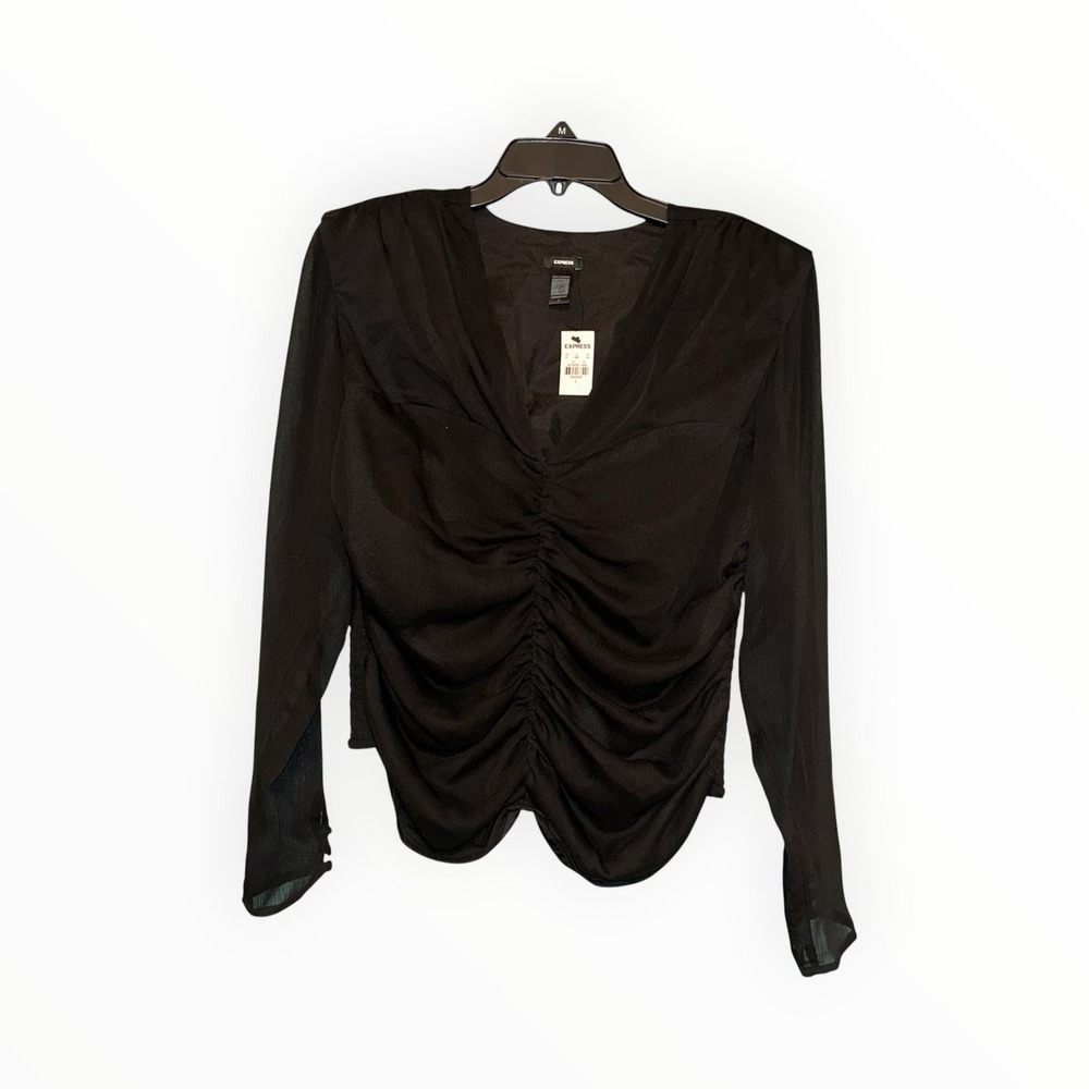 Express Conscious Edit Black Ruched V-Neck Blouse Shoulder Pads Large NWT